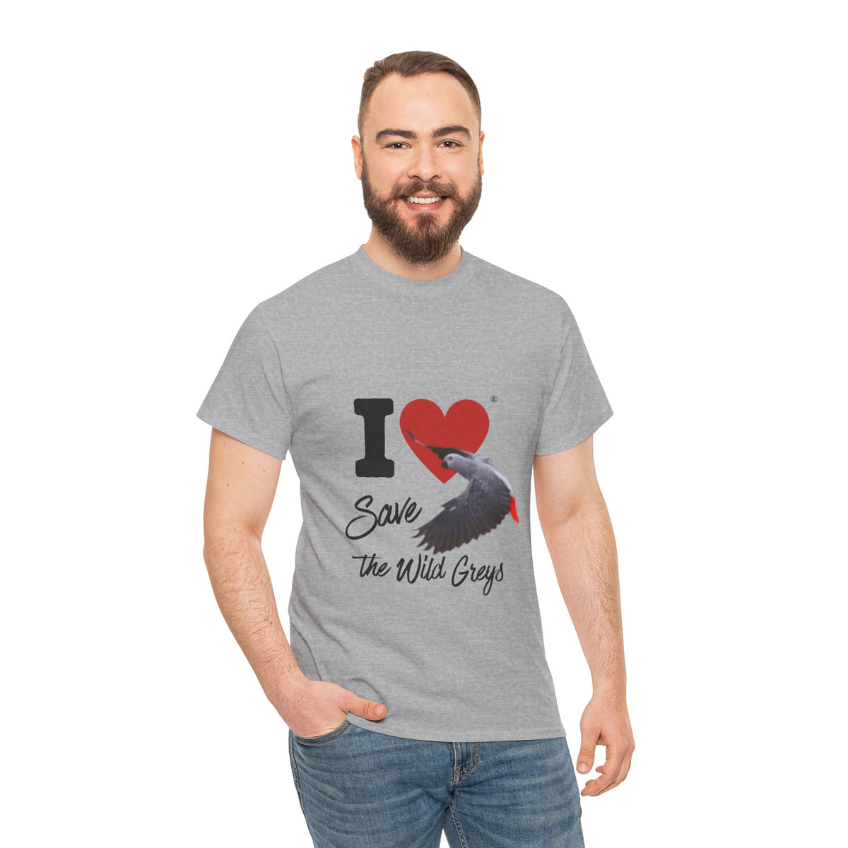 I Heart Save the Wild Greys T-Shirt — Conservation Grey Parrot Tee