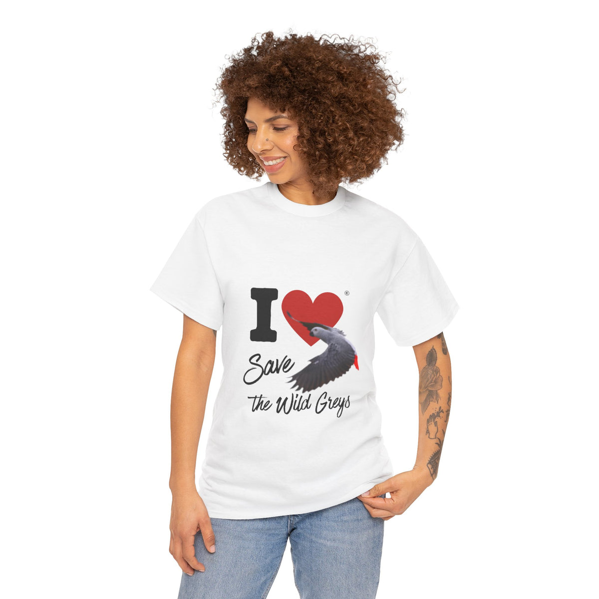I Heart Save the Wild Greys T-Shirt — Conservation Grey Parrot Tee