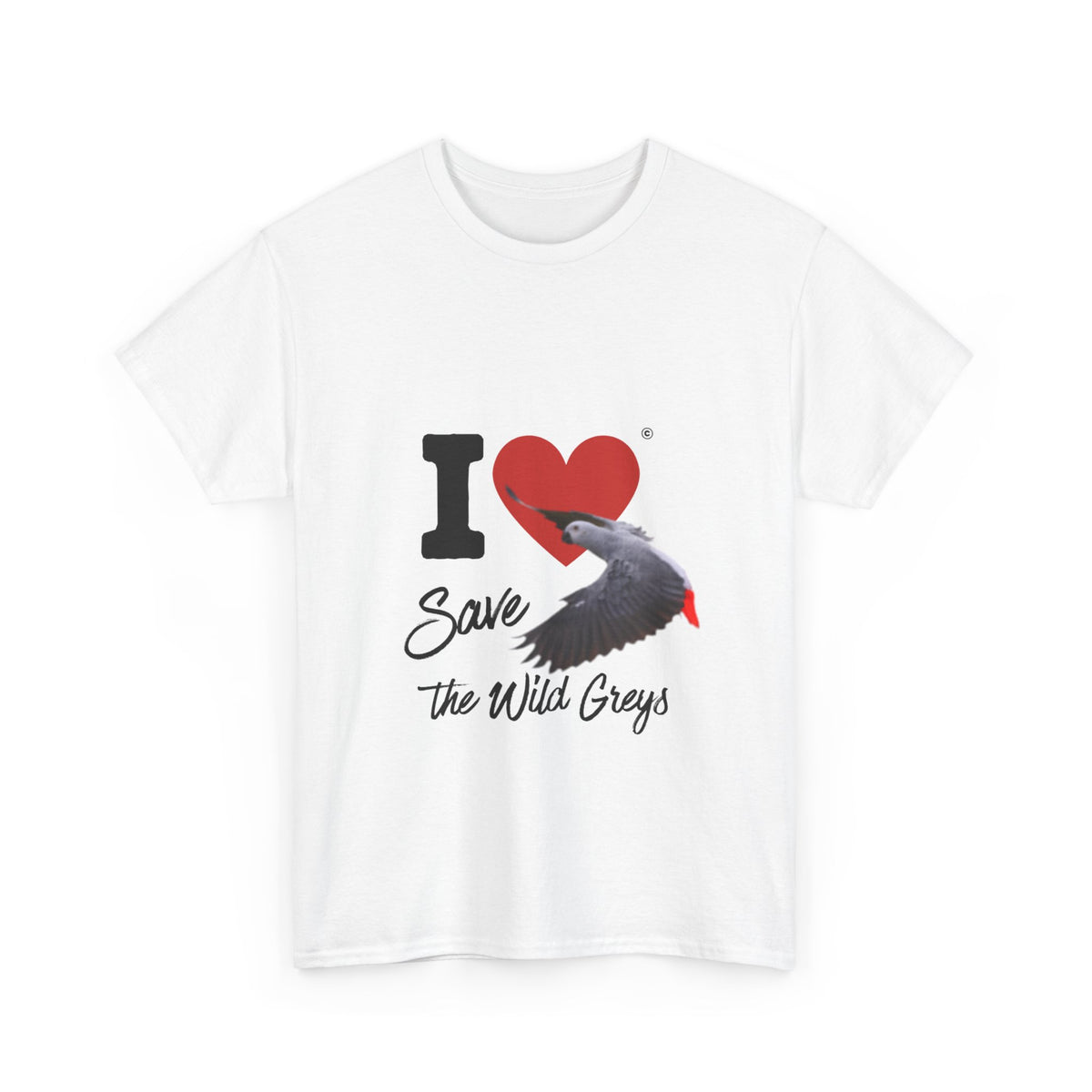I Heart Save the Wild Greys T-Shirt — Conservation Grey Parrot Tee