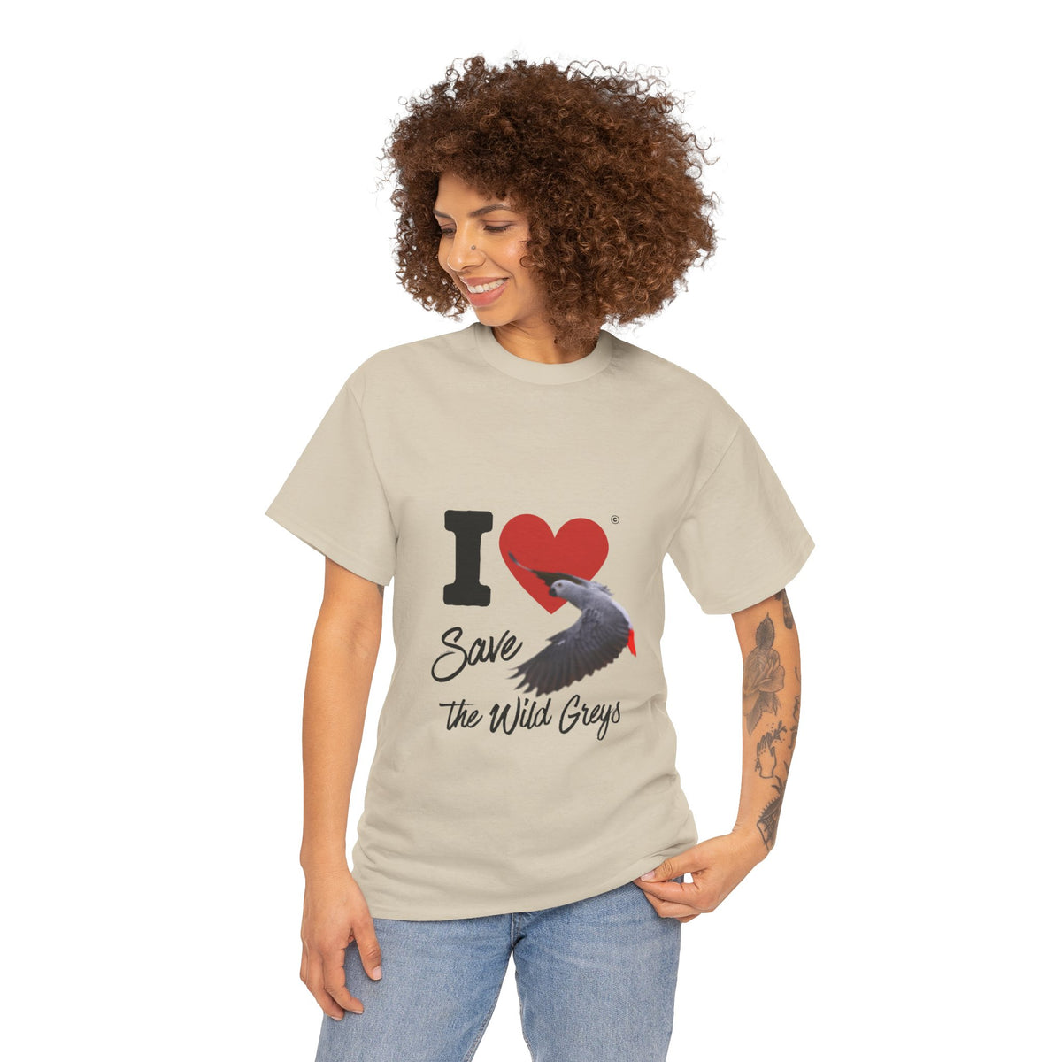 I Heart Save the Wild Greys T-Shirt — Conservation Grey Parrot Tee
