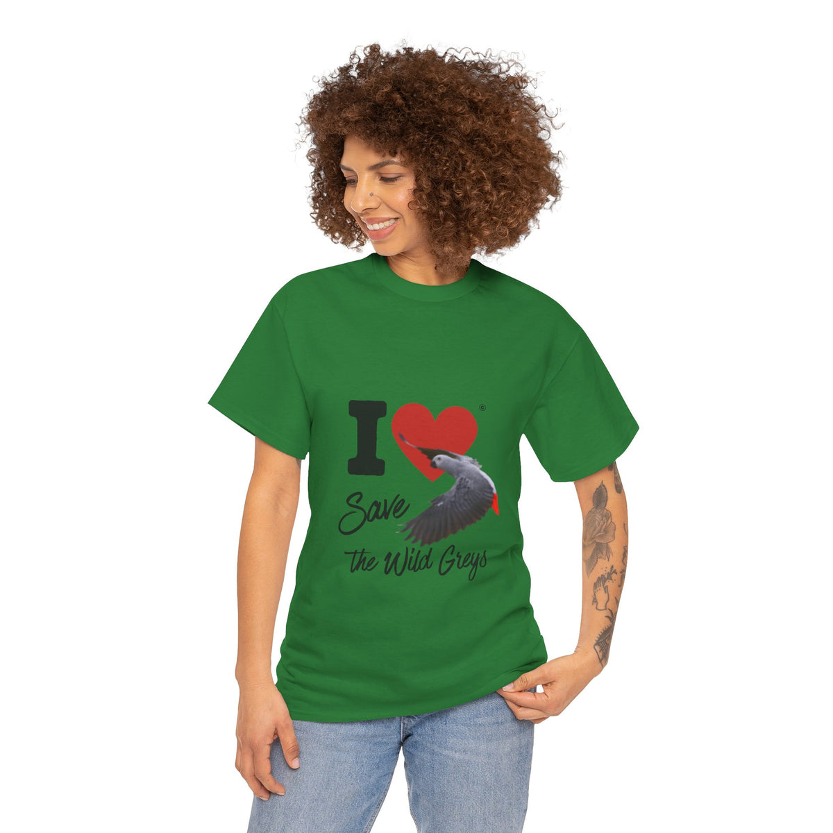 I Heart Save the Wild Greys T-Shirt — Conservation Grey Parrot Tee