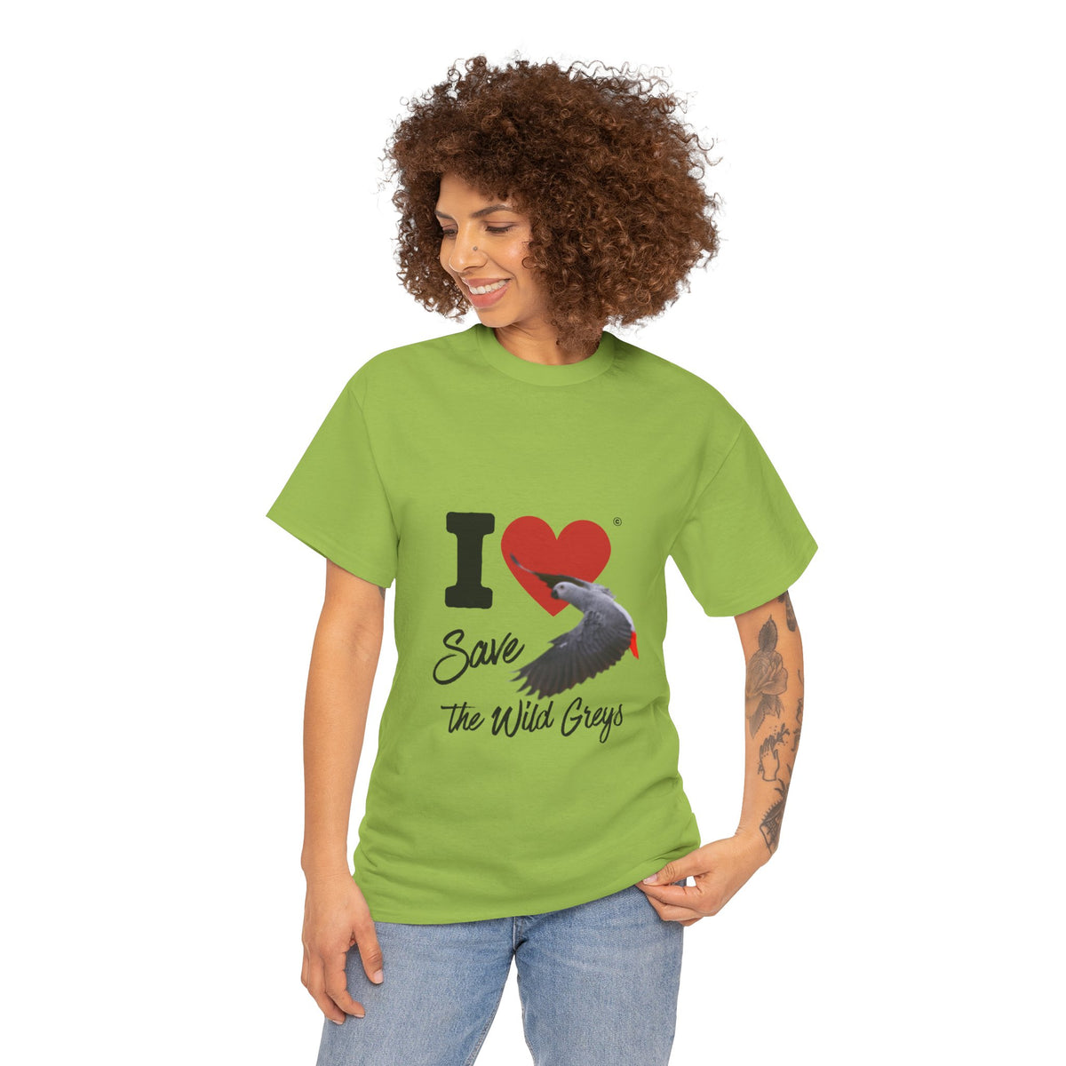 I Heart Save the Wild Greys T-Shirt — Conservation Grey Parrot Tee