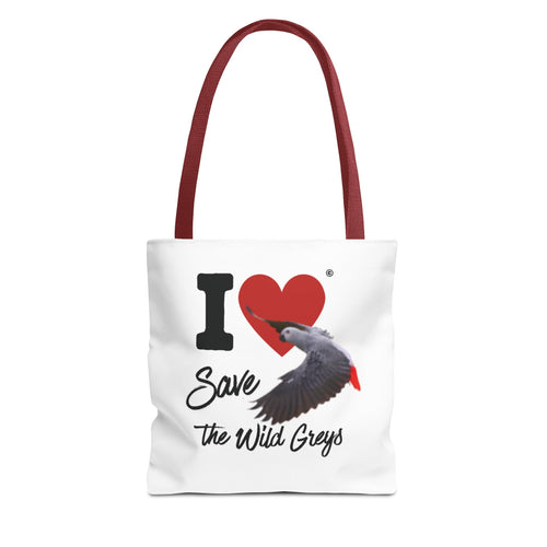I  Heart Save the Wild Greys Tote Bag — Eco-Friendly Parrot Rescue Canvas Tote