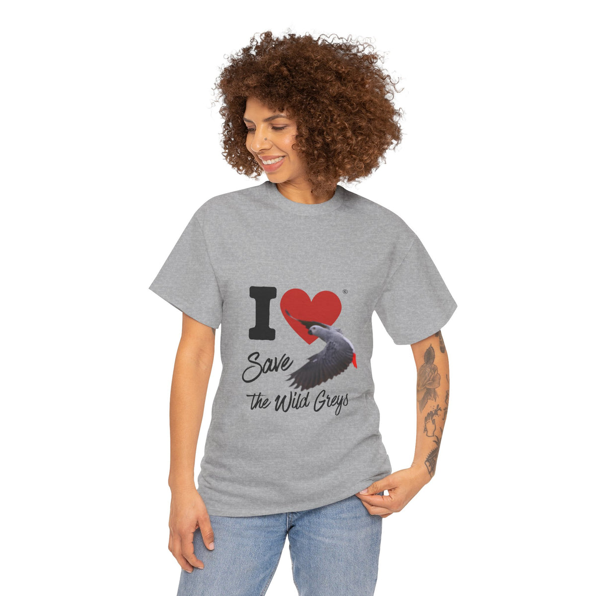 I Heart Save the Wild Greys T-Shirt — Conservation Grey Parrot Tee